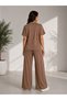 Women's Brown Polo Collar Detailed Wide-Leg Trousers Modal Fabric Top and Bottom Set - 3