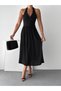 Women's Black Halter Neck Dress with Gipeli on the Back in Viscose Fabric, Length 120 cm - 2