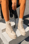 Martines Beige Thin Fur Waterproof Winter Snow Boots Side Seam Zipper Thick Sole Lace-Up Boots - 2