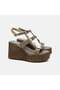 Women's Dark Beige Suede Sandals with Gold Accessories and Wedge Heels