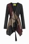 Beige Colored Burgundy Black Striped Leather on Striped Tulle, Lightweight Unlined Belted Loose Women's Genuine Leather - 4