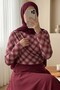 Plaid Patterned Blouse with Gathered Sides - Burgundy - 2