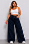 Plus Size Jeans- Premium High Waist Wide Leg Diamond Patterned Stone Jeans-Dark Navy Blue