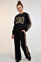 Girl's Tracksuit Set with Letter Embroidery and Leopard Pattern on the Edges, Ages 8-14, Black
