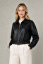 Women's Black Leather Jacket - Belt Detailed Crop Oversize Jacket - - 2