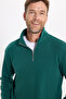 Unisex Relax Fit Comfortable Cut Cotton Fleece-Lined Half-Zip Khaki Mock Neck Sweatshirt - 6