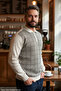 Men's Cream Non-Pilling Standard Fit Regular Cut Houndstooth Pattern Polo Neck Knitwear Sweater - 2