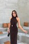 Women's Brown Flock Print Halter Neck Dress with Glitter Detail in Maxi Length - 4