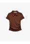 Modal Fabric Buttoned Short Sleeve Draped Polo Collar T-Shirt - 5