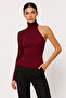 One Shoulder Long Sleeve Burgundy Ribbed Knit Blouse - 3