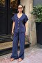 Women's Navy Blue Button Detailed Short Sleeve Shirt Wide Leg Pants Soft Modal Bottom Top Set - 2