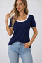 New Season Women's Short-Sleeved Round-Neck White Stripe Detailed Viscose Holiday Blouse