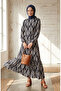Bürümcük Fabric Gathered Belted Dress 0501-01 Navy Blue Ecru