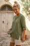 Khaki Round Neck 3/4 Sleeve Buttoned Slit 3D Embroidered Casual Cotton Woven Blouse 73 61