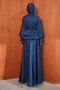 Navy Blue Balloon Sleeve Waist Detailed Evening Dress - 5
