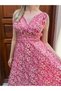 Pink Color Gold Detailed Halter Neck Backless Silk Dress - 3
