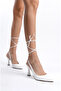 White Leather Shoes with Pointed Toes, Open Back, with Tie-Up Straps, 9cm Wedge Heel, New Season