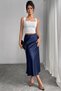 Women's Skirt Navy Blue Satin Skirt with Elastic Waist and Zipper Midi Length Shiny Quality Satin Fabric - 2