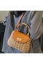 Earth Tone Straw Texture Exotic Bamboo Handle Natural Knitted Vegan Leather Flap Cover Hand Shoulder Bag - 3