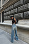 Women's Ice Blue High Waist Cut-Out Window Detail Wide Leg Baggy Jean Denim Trousers - 3