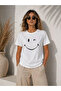 Minimal Smiling Face Printed T-Shirt Short Sleeve Summer T-Shirt - White - 2