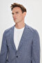 Men's Navy Blue Slim Fit Mono Collar Patterned Suit with Tie at the Waist - 5