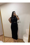 Padded Midi Length Dress with Back Slit and Belt, Black Color - 2