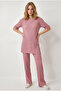 Women's Dusty Rose Ribbed Short Sleeve Top and Bottom Set Tkm-19000498 - 5