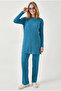 Women's Indigo Ribbed Knitted Top and Bottom Set Tkm-19000497 - 4