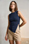 Women's Navy Blue Modal Ribbed Fabric Zero Neckline Side Button Detailed Asymmetrical Sleeveless Blouse - 4