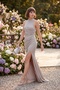 Women's Beige Halter Neck Slit Glittery Long Evening Dress - 5
