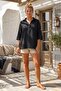 Black Shirt Collar Buttoned 3/4 Sleeve Casual Muslin Oversize Woven Blouse 67 65 - 5