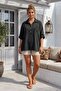 Black Shirt Collar Short Sleeve Buttoned Mesh Pocket Embroidered Casual Cotton Woven Blouse 70 60 - 5