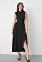 Women's Black Oysho Fabric Stand Collar Slit Basic Black Midi Dress 77161 - 6