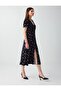Navy Blue V-Neck Short Sleeve Floral Patterned Midi Dress - 2