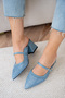 Fely Wicker Detailed Genuine Leather Thick Heeled Women's Blue Slippers - 3