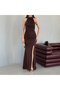 Brown Draped Halter Neck Glittered Evening Dress - 6