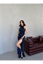 Navy Blue Draped Halter Neck Glittered Evening Dress - 4