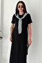 Women's Loose Cut Basic Maxi Dress with Slit Detail and Scarf - 3
