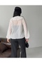 Women's Polka Dot Chiffon Ruffle Collar V-Neck Lace Detailed Balloon Sleeve Loose Blouse - 5