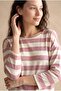 Women's Relaxed Fit Crew Neck Viscose / Elastane Long Sleeve Pink / Ecru Striped Off-Shoulder Blouse Wilda - 3