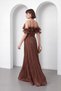 Women's Brown Boat Neck Ruffled Long Promise Engagement Evening Dress - 6