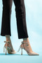 Beige Suede Back Bow Detailed Ankle Strap Women's Heeled Shoes - 3