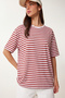 Striped Oversize Viscose T-Shirt Lrn0041 Bordo White - 3