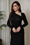 فستان سهرة أسود مطاطي مزين بالكريستال - 2