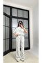 White Polka Dot Stripe Detailed Jacket and Trousers Set - 1617