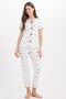 Women's standard fit regular cut ribbed look bow detailed short sleeve printed white pajama set - 5