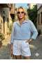 Women's Blue Striped Loose Shirt Fabric Summer Oversize Comfortable Shirt - 3
