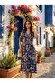 Women's Plus Size Dress Combed Cotton Short Sleeve V-Neck Buttoned Floral Pattern Midi Navy Blue - 5