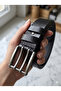 Men's Black Genuine Leather Belt - 3.7 cm Double Tongue Matte Silver Buckle - 3